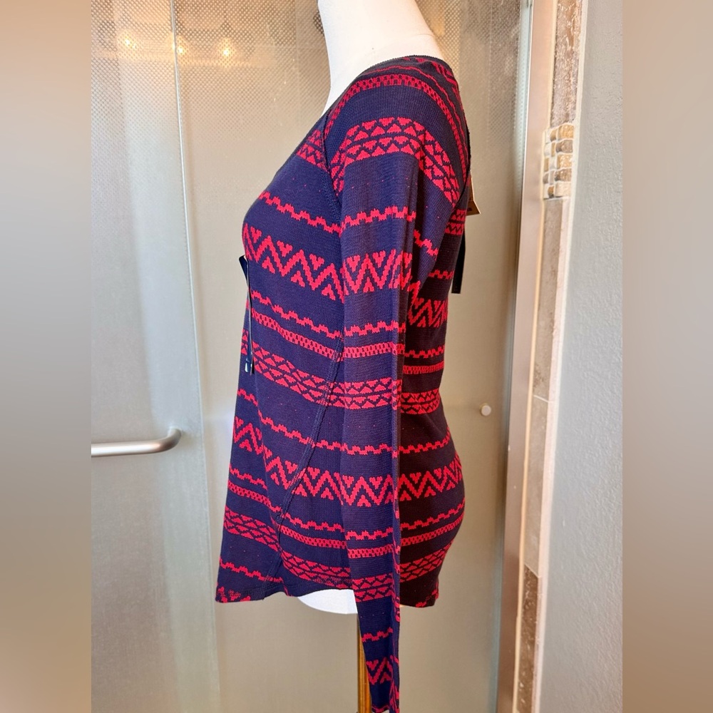 LUCKY BRAND Woven Navy & Red Fair Isle Knit Top Lightweight Thermal Tee - Picture 12 of 15